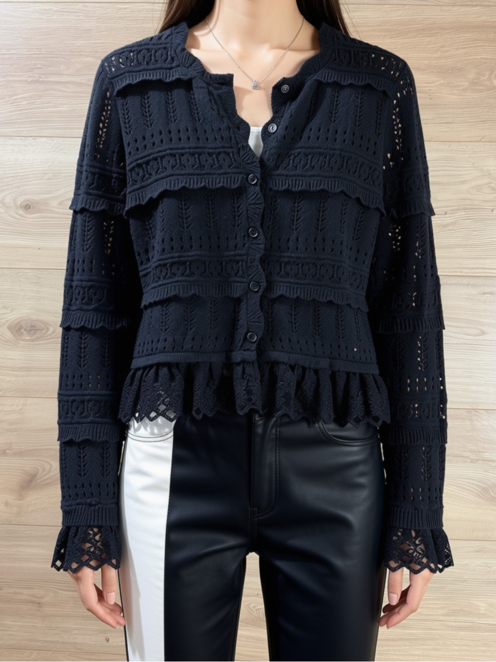 Caroline Constas Black Lace-Trim Knit Cardigan Sweater Romantic Cottagecore